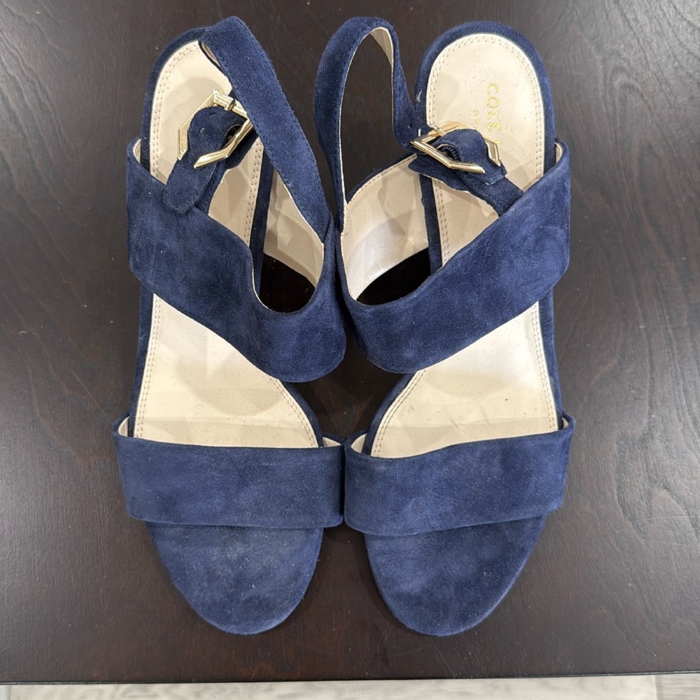 Cole Haan blue suede sandals with a cover heel
